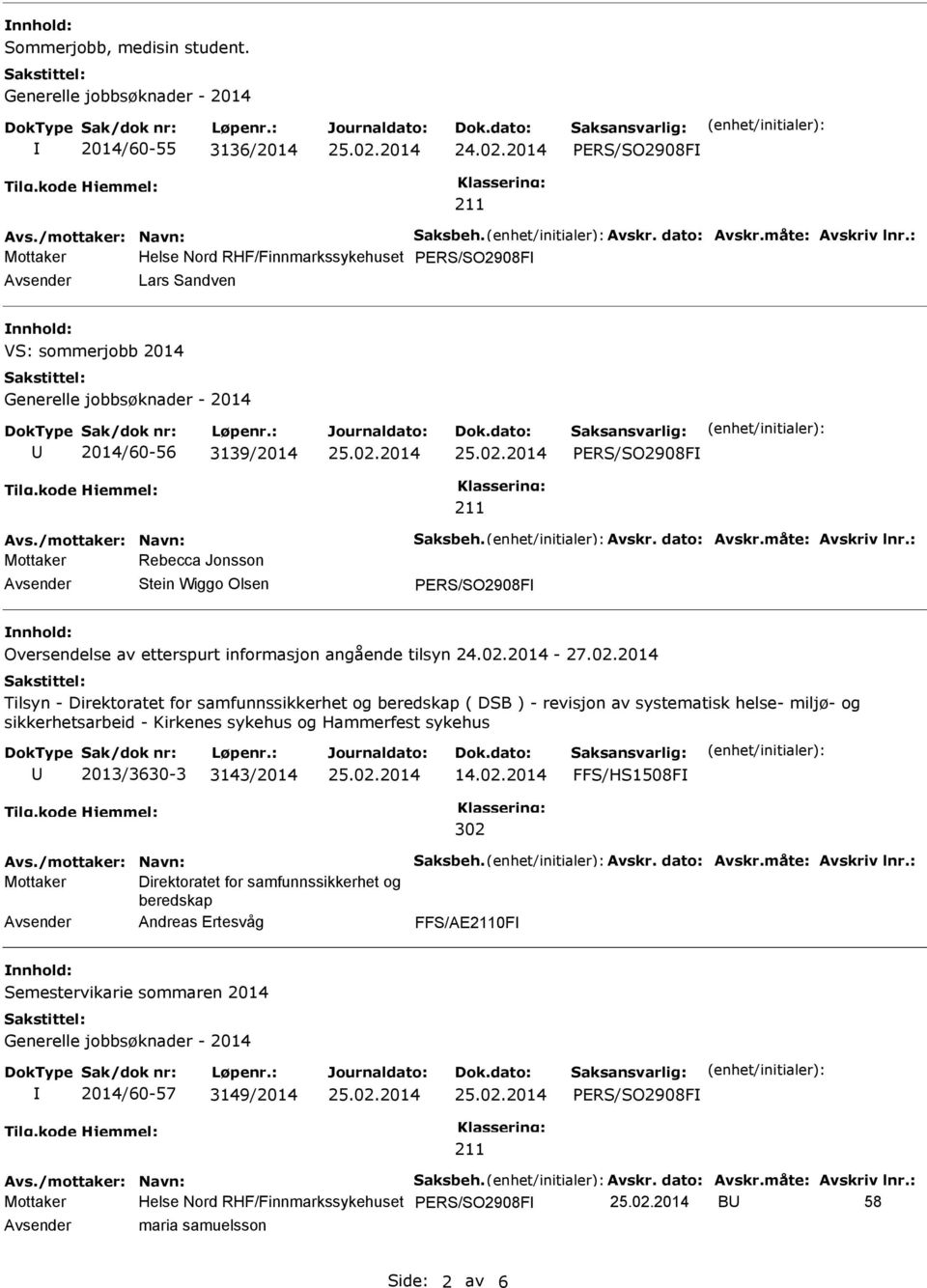 : Mottaker Rebecca Jonsson PERS/SO2908F Oversendelse av etterspurt informasjon angående tilsyn 24.02.