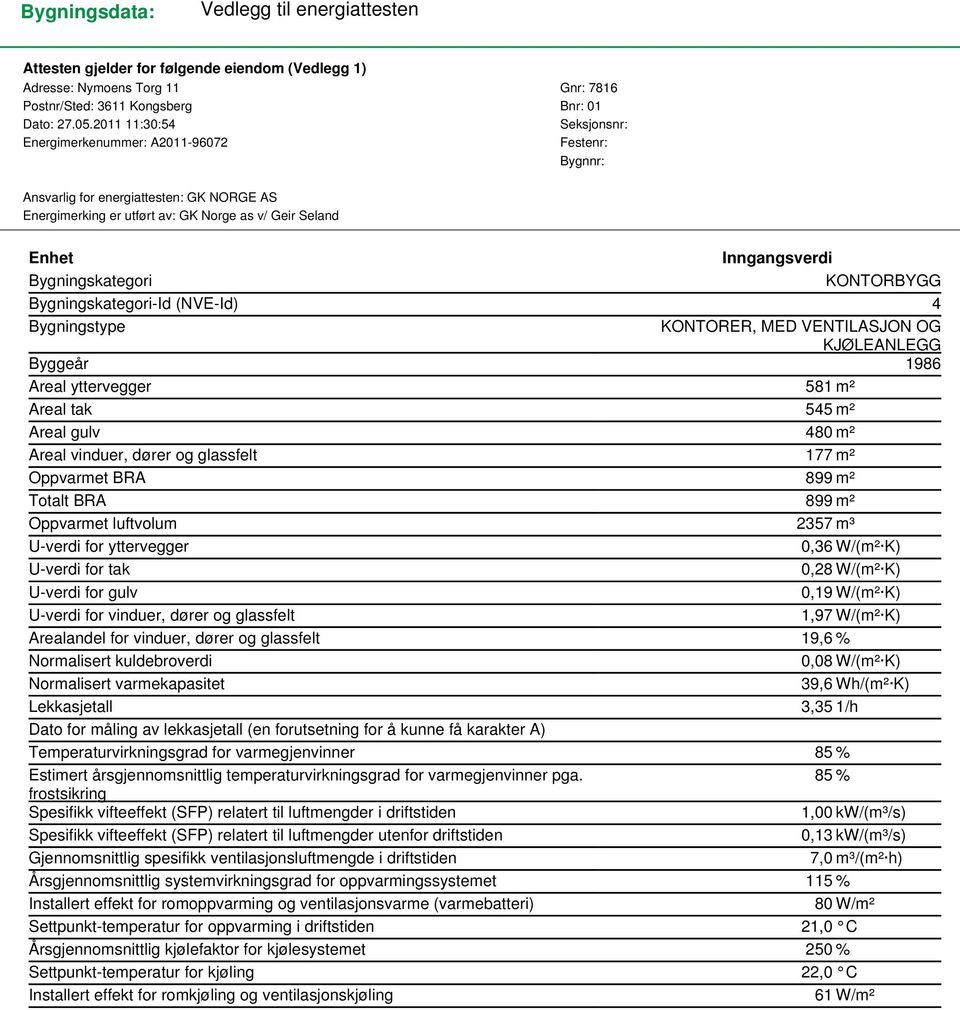 Bygningskategori KONTORBYGG Bygningskategori-Id (NVE-Id) 4 Bygningstype KONTORER, MED VENTILASJON OG KJØLEANLEGG Byggeår 1986 Areal yttervegger 581 m² Areal tak 545 m² Areal gulv 480 m² Areal