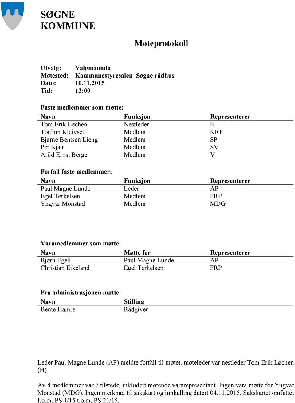 Medlem V Forfall faste medlemmer: Navn Funksjon Representerer Paul Magne Lunde Egel Terkelsen Yngvar Monstad Leder Medlem Medlem AP FRP MDG Varamedlemmer som møtte: Navn Møtte for Representerer Bjørn