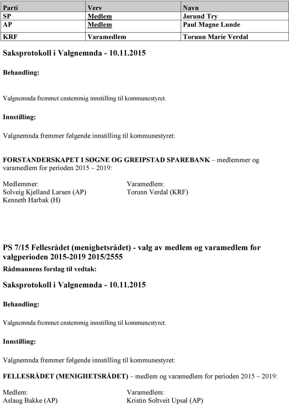 Torunn Verdal (KRF) PS 7/15 Fellesrådet (menighetsrådet) - valg av medlem og varamedlem for valgperioden 2015-2019