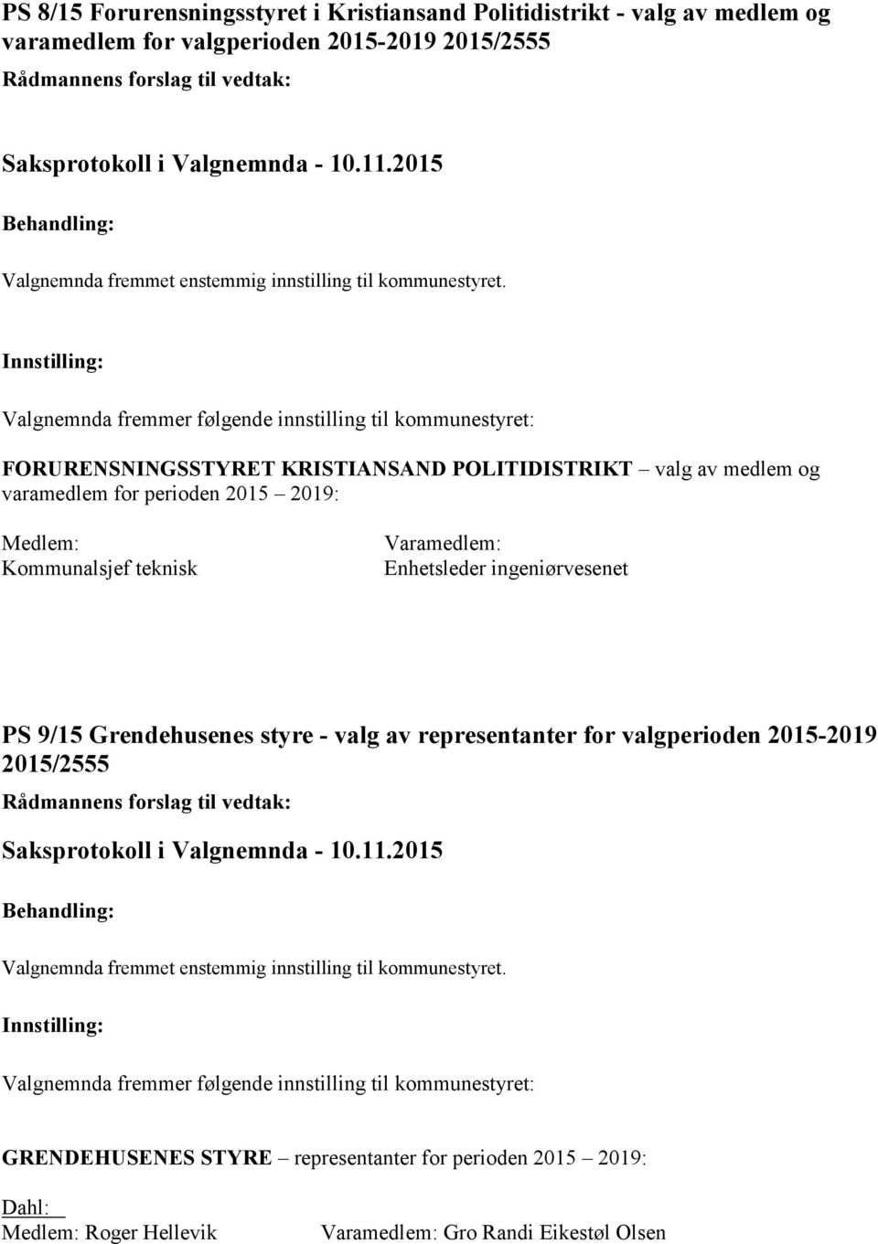 Kommunalsjef teknisk Enhetsleder ingeniørvesenet PS 9/15 Grendehusenes styre - valg av representanter for valgperioden