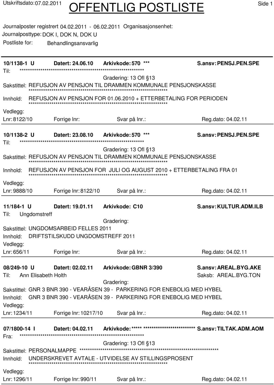 10 Arkivkode: 570 *** Sakstittel: REFUSJON AV PENSJON TIL DRAMMEN KOMMUNALE PENSJONSKASSE Innhold: REFUSJON AV PENSJON FOR JULI OG AUGUST 2010 + ETTERBETALING FRA 01 Lnr: 9888/10 Forrige lnr: 8122/10