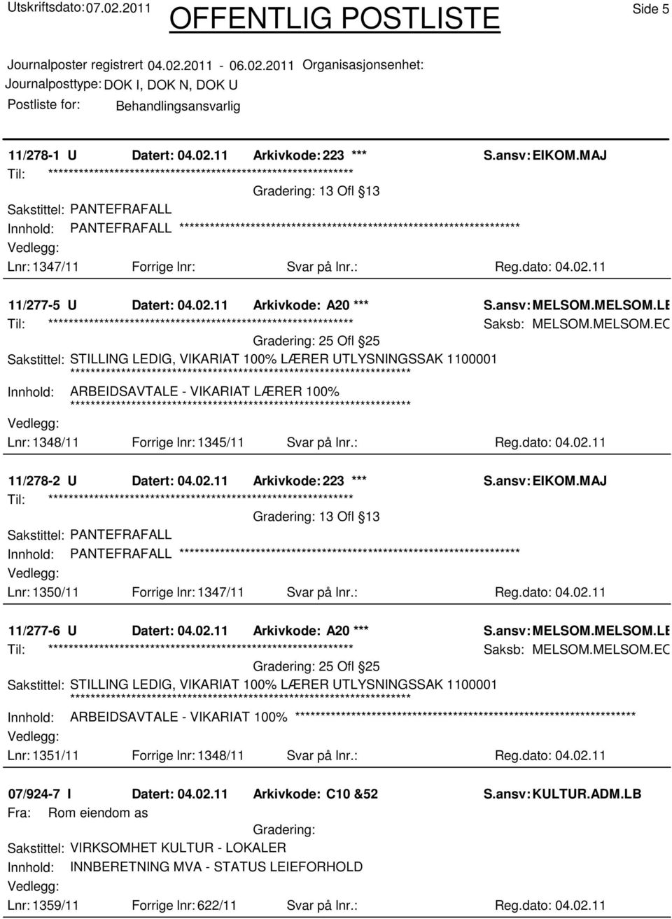 11 11/278-2 U Datert: 04.02.11 Arkivkode: 223 *** Sakstittel: PANTEFRAFALL Innhold: PANTEFRAFALL Lnr: 1350/11 Forrige lnr: 1347/11 Svar på lnr.: Reg.dato: 04.02.11 11/277-6 U Datert: 04.02.11 Arkivkode: A20 *** Saksb: MELSOM.