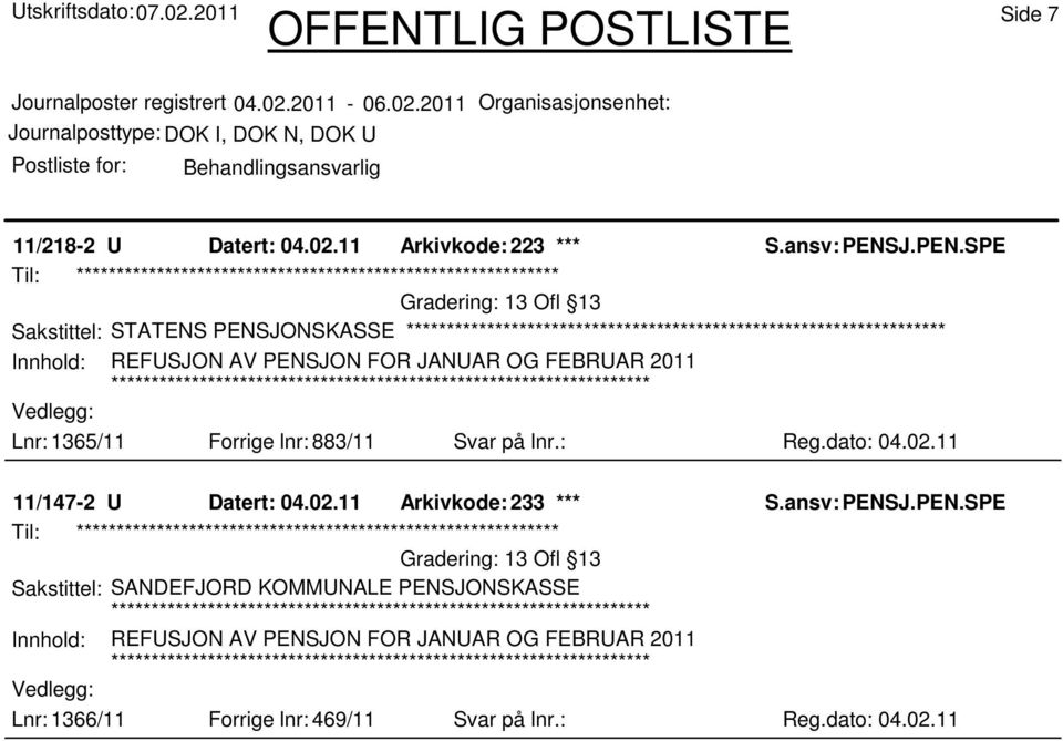 2011 Lnr: 1365/11 Forrige lnr: 883/11 Svar på lnr.: Reg.dato: 04.02.