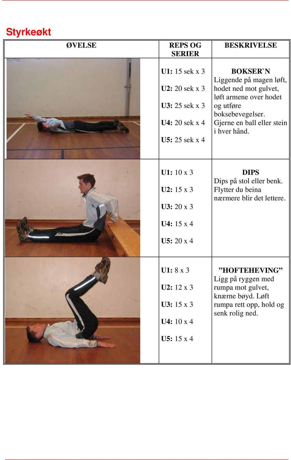 U1: 10 x 3 U2: 15 x 3 U3: 20 x 3 U4: 15 x 4 U5: 20 x 4 DIPS Dips på stol eller benk.