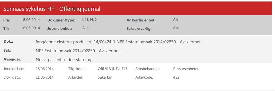 2014/02850 - Avskjermet Norsk pasientskadeerstatning Offl 13 jf.