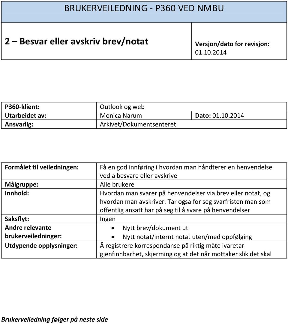 2014 Ansvarlig: Arkivet/Dokumentsenteret Formålet til veiledningen: Målgruppe: Innhold: Saksflyt: Andre relevante brukerveiledninger: Utdypende opplysninger: Få en god innføring i hvordan man