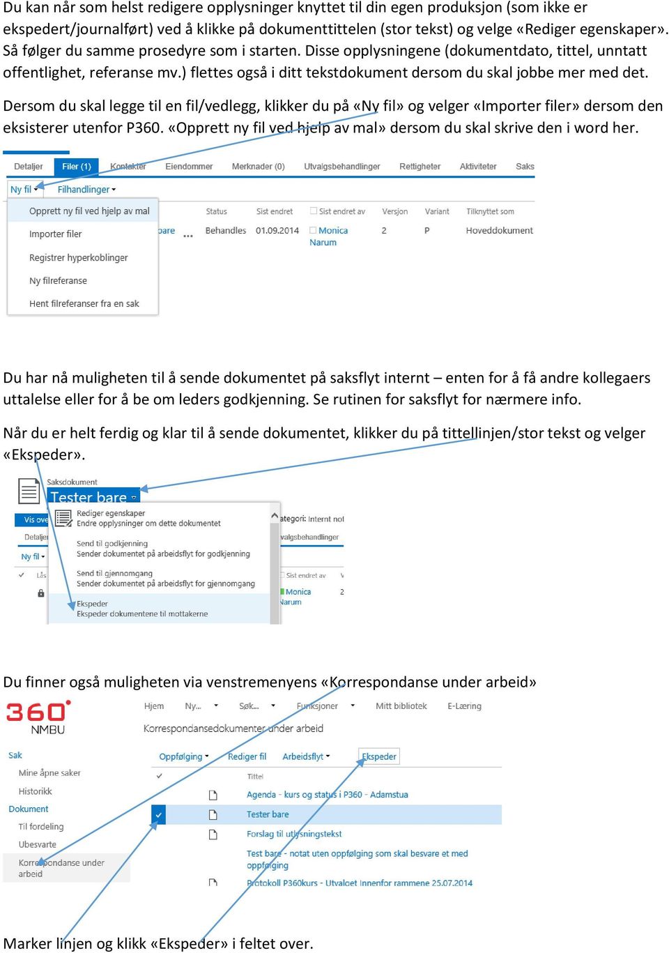 Dersom du skal legge til en fil/vedlegg, klikker du på «Ny fil» og velger «Importer filer» dersom den eksisterer utenfor P360. «Opprett ny fil ved hjelp av mal» dersom du skal skrive den i word her.