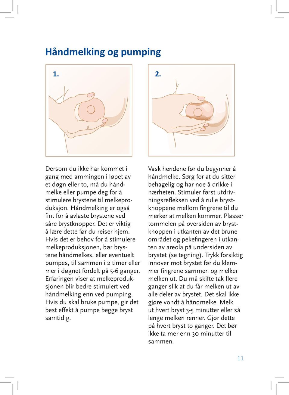 Hvis det er behov for å stimulere melke produksjonen, bør brystene håndmelkes, eller eventuelt pumpes, til sammen i 2 timer eller mer i døgnet fordelt på 5-6 ganger.