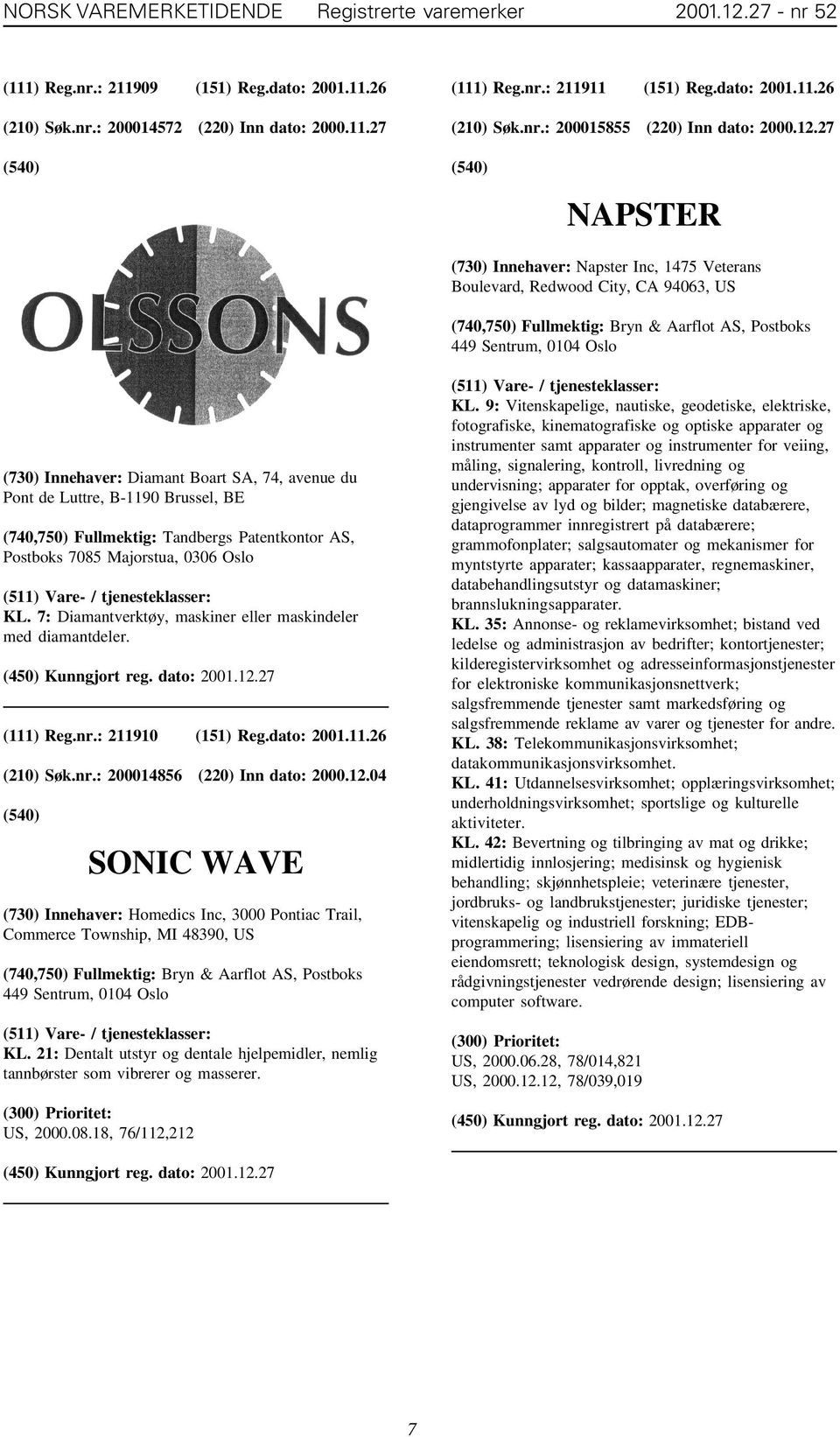 27 NAPSTER (730) Innehaver: Napster Inc, 1475 Veterans Boulevard, Redwood City, CA 94063, US (740,750) Fullmektig: Bryn & Aarflot AS, Postboks 449 Sentrum, 0104 Oslo (730) Innehaver: Diamant Boart