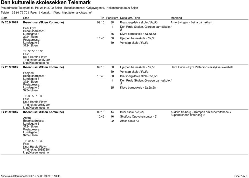 58 Gjerpen barneskole / 5a,5b 39 Venstøp skole / 5a,5b Arne Svingen - Beina på nakken Foajeen 09:15 58 Gjerpen barneskole / 5a,5b 39 Venstøp skole / 5a,5b 10:45 38 Bratsbergkleiva