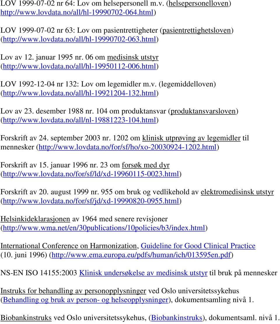 html) LOV 1992-12-04 nr 132: Lov om legemidler m.v. (legemiddelloven) (http://www.lovdata.no/all/hl-19921204-132.html) Lov av 23. desember 1988 nr.