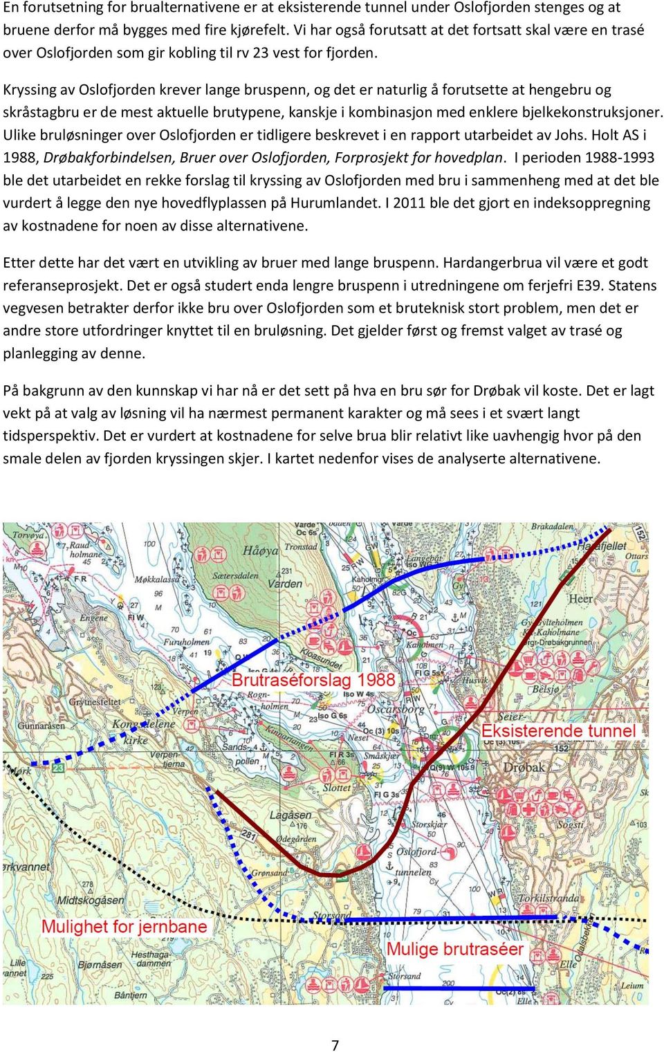 Kryssing av Oslofjorden krever lange bruspenn, og det er naturlig å forutsette at hengebru og skråstagbru er de mest aktuelle brutypene, kanskje i kombinasjon med enklere bjelkekonstruksjoner.