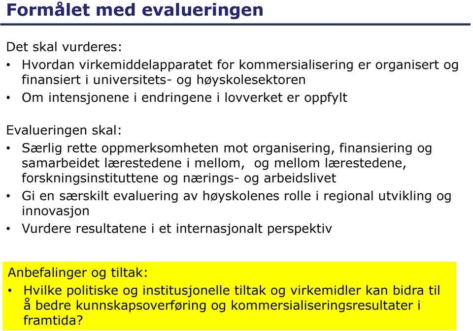 forskningsinstituttene og nærings- og arbeidslivet Gi en særskilt evaluering av høyskolenes rolle i regional utvikling og innovasjon Vurdere resultatene i et internasjonalt