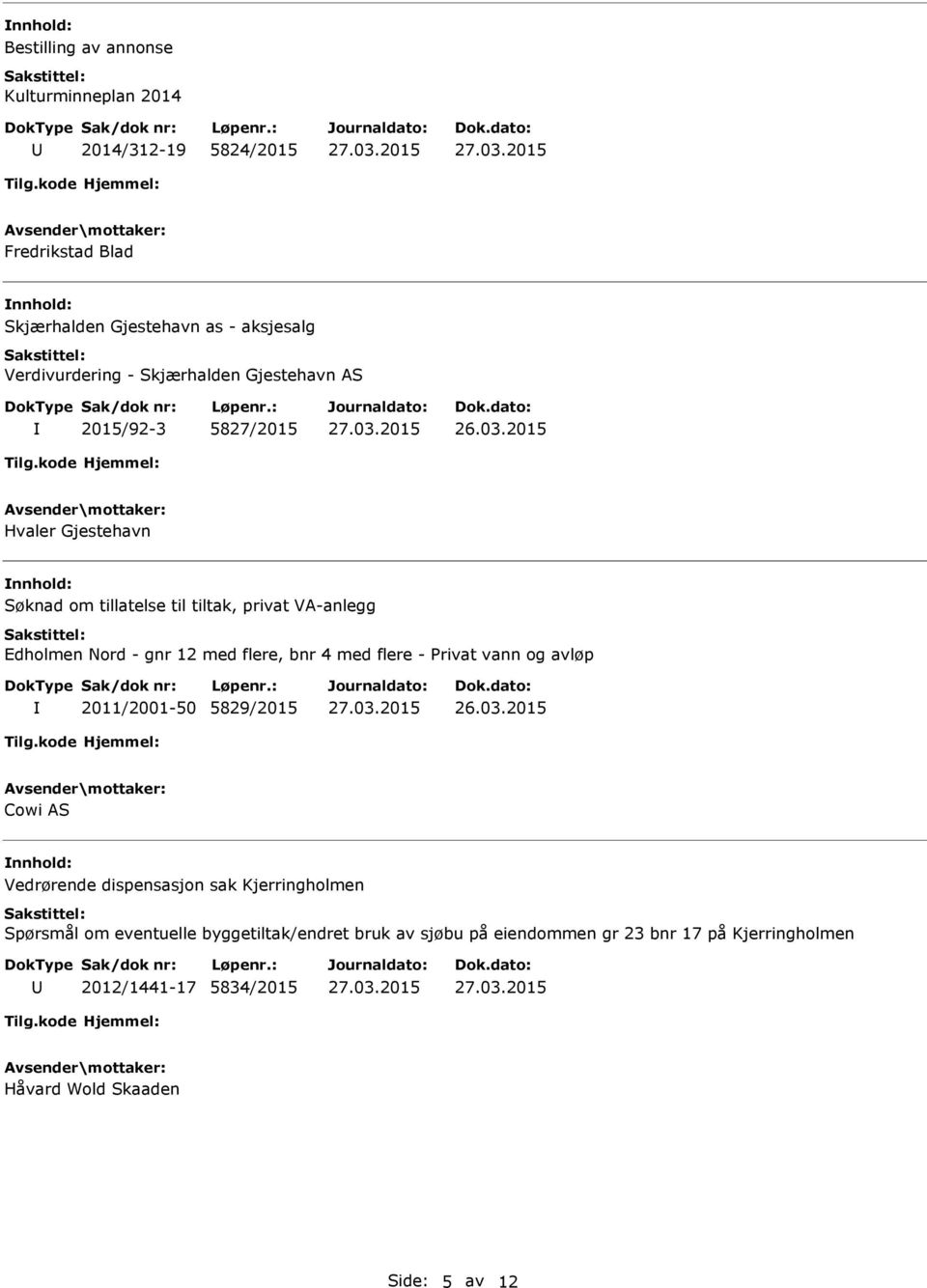 med flere, bnr 4 med flere - Privat vann og avløp 2011/2001-50 5829/2015 Cowi AS Vedrørende dispensasjon sak Kjerringholmen Spørsmål om