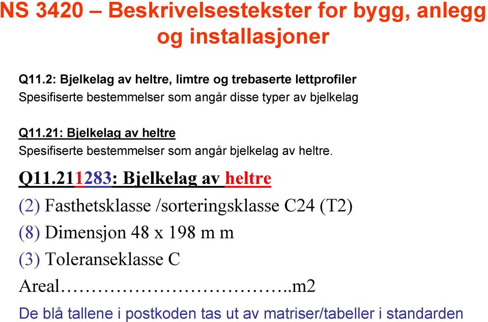 21: Bjelkelag av heltre Spesifiserte bestemmelser som angår bjelkelag av heltre. Q11.