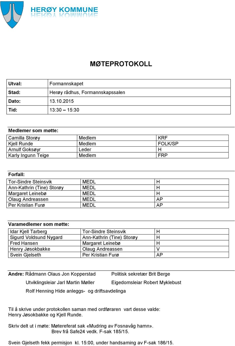 (Tine) Storøy MEDL H Margaret Leinebø MEDL H Olaug Andreassen MEDL AP Per Kristian Furø MEDL AP Varamedlemer som møtte: Idar Kjell Tarberg Tor-Sindre Steinsvik H Sigurd Voldsund Nygard Ann-Kathrin