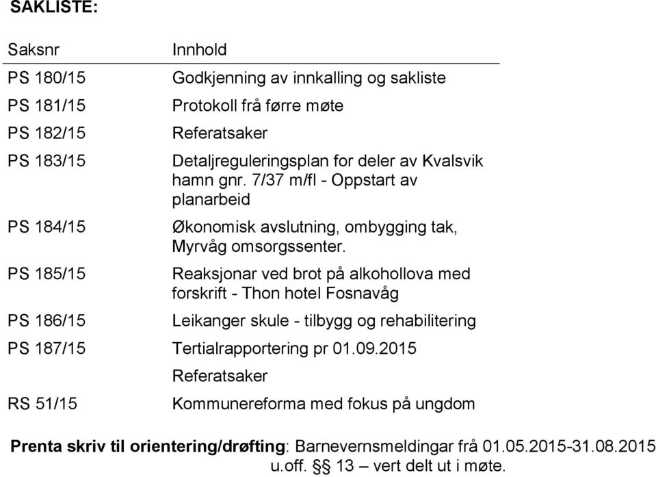 Reaksjonar ved brot på alkohollova med forskrift - Thon hotel Fosnavåg Leikanger skule - tilbygg og rehabilitering PS 187/15 Tertialrapportering pr 01.09.