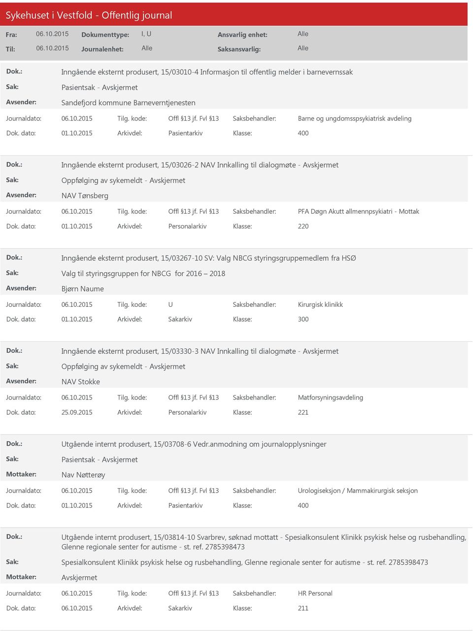 2015 Arkivdel: Pasientarkiv Inngående eksternt produsert, 15/03026-2 NAV Innkalling til dialogmøte - Oppfølging av sykemeldt - NAV Tønsberg PFA Døgn Akutt allmennpsykiatri - Mottak Dok. dato: 01.10.