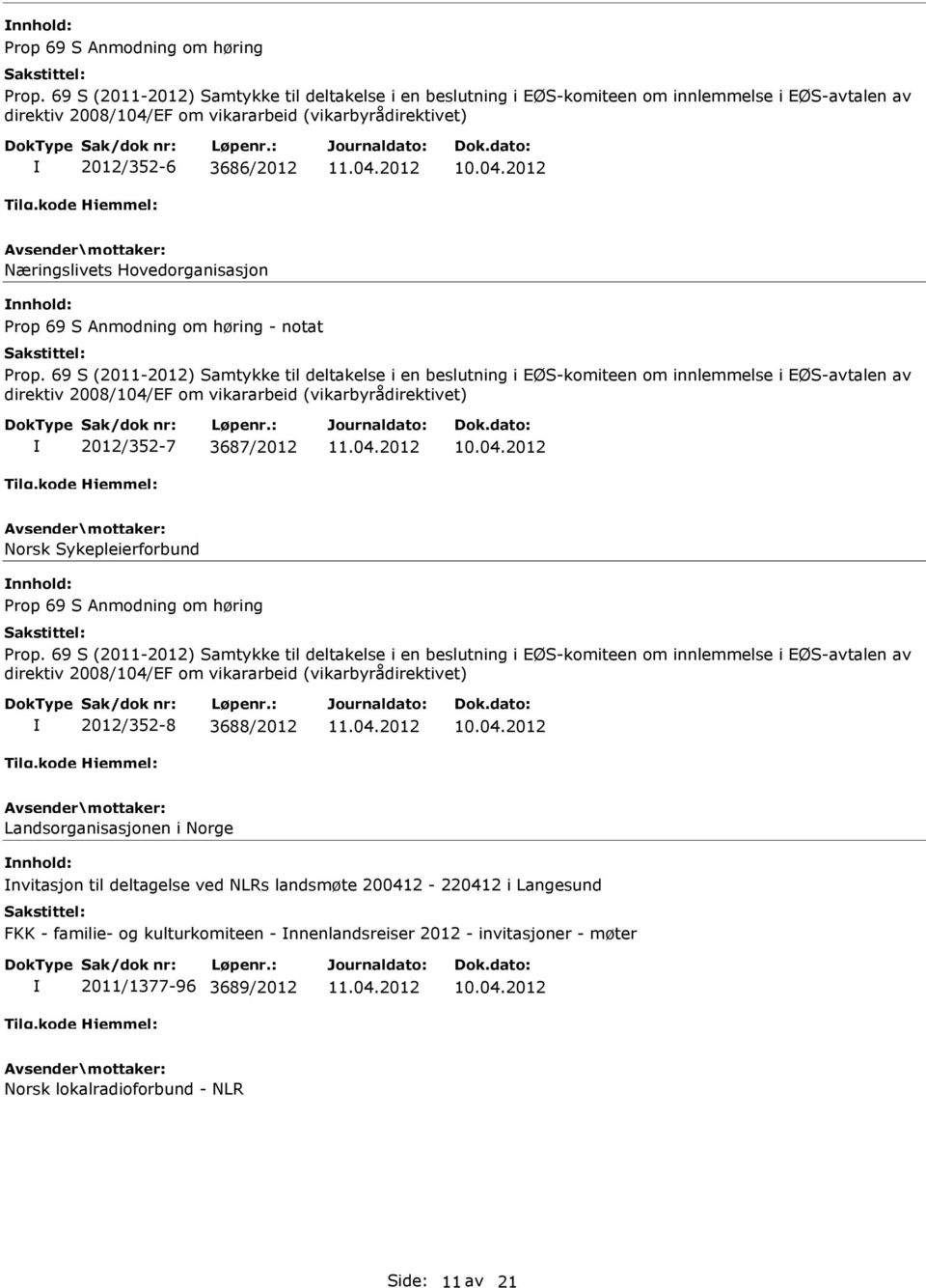 Hovedorganisasjon Prop 69 S Anmodning om høring - notat Prop.