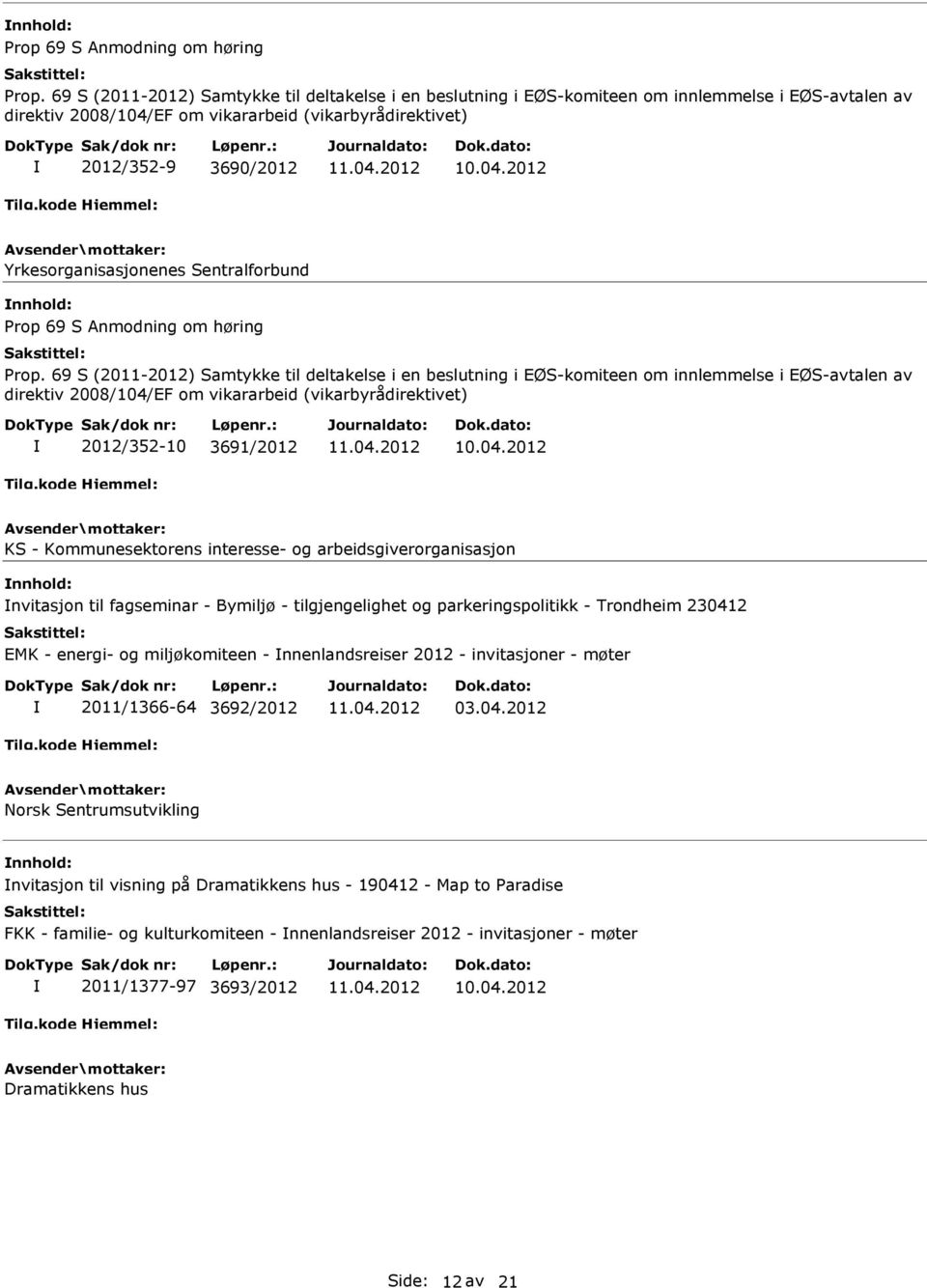 Yrkesorganisasjonenes Sentralforbund  69 S (2011-2012) Samtykke til deltakelse i en beslutning i EØS-komiteen om innlemmelse i EØS-avtalen av direktiv 2008/104/EF om vikararbeid (vikarbyrådirektivet)