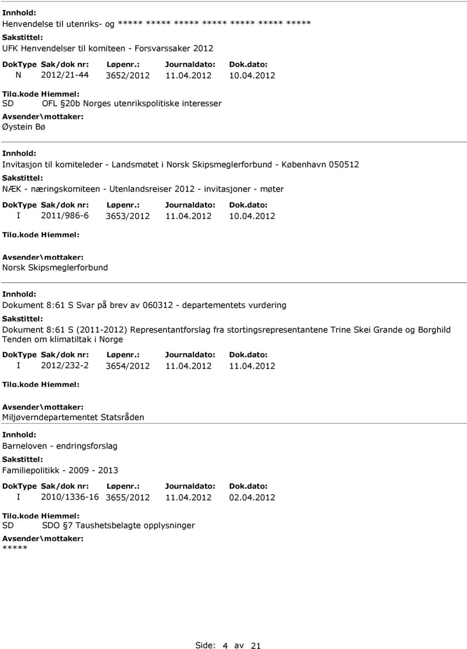 2012 - invitasjoner - møter 2011/986-6 3653/2012 Norsk Skipsmeglerforbund Dokument 8:61 S Svar på brev av 060312 - departementets vurdering Dokument 8:61 S (2011-2012) Representantforslag fra