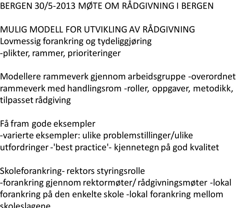 rådgiving Få fram gode eksempler -varierte eksempler: ulike problemstillinger/ulike utfordringer -'best practice'- kjennetegn på god kvalitet