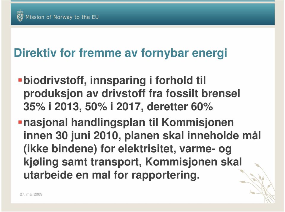 handlingsplan til Kommisjonen innen 30 juni 2010, planen skal inneholde mål (ikke bindene)