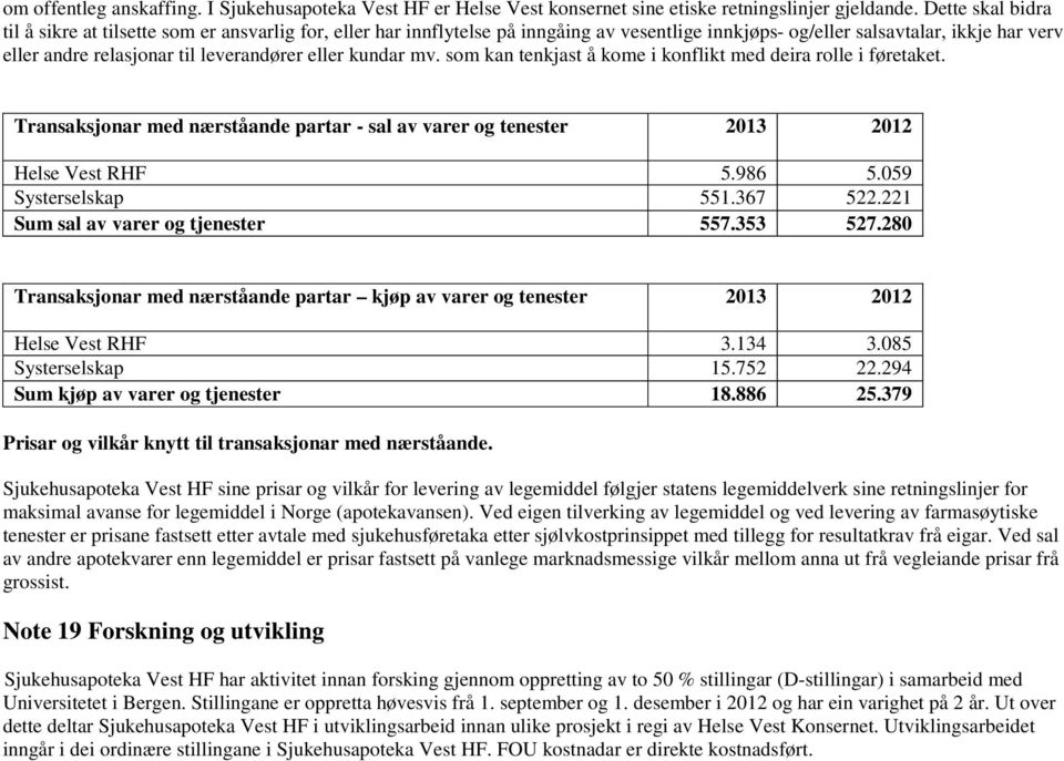 eller kundar mv. som kan tenkjast å kome i konflikt med deira rolle i føretaket. Transaksjonar med nærståande partar - sal av varer og tenester 2013 2012 Helse Vest RHF 5.986 5.059 Systerselskap 551.