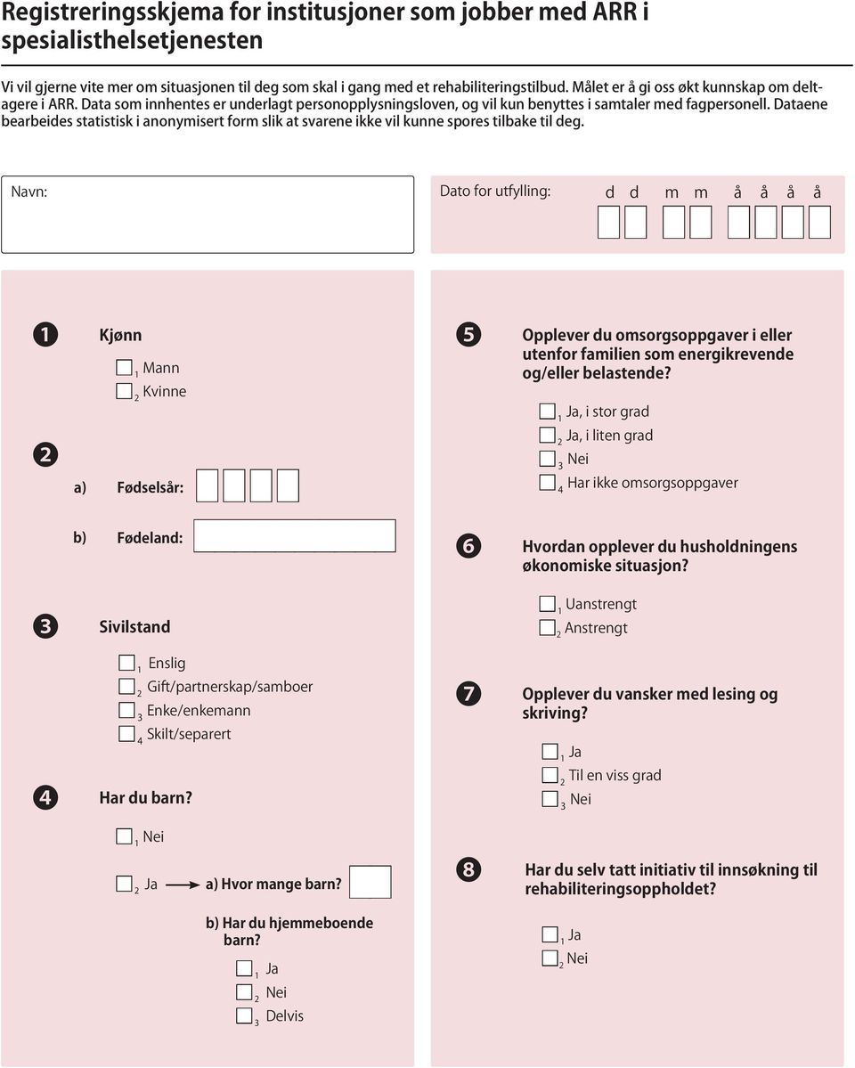 Dataene bearbeides statistisk i anonymisert form slik at svarene ikke vil kunne spores tilbake til deg.