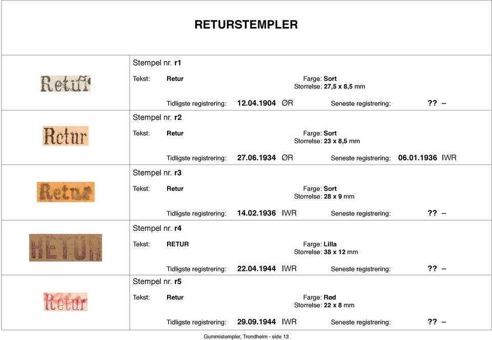 1936 IWR Seneste registrering:?? Tekst: RETUR Farge: Lilla Størrelse: 38 x 12 mm Stempel nr. r5 Tidligste registrering: 12.04.1904 ØR Seneste registrering:?