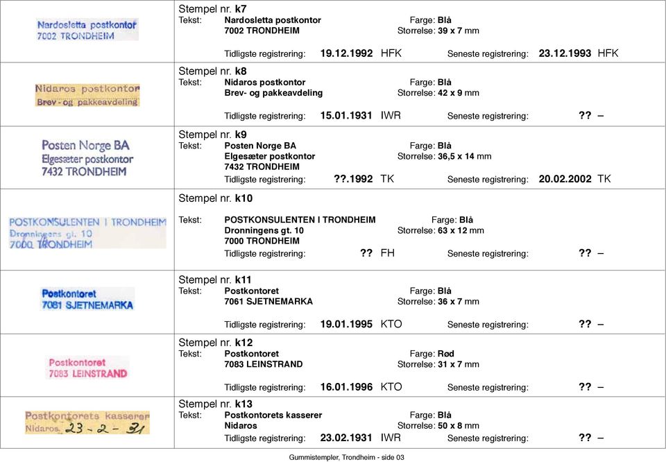 k9 Tekst: Posten Norge BA Farge: Blå Elgesæter postkontor Størrelse: 36,5 x 14 mm 7432 TRONDHEIM Tidligste registrering:??.1992 TK Seneste registrering: 20.02.2002 TK Stempel nr.