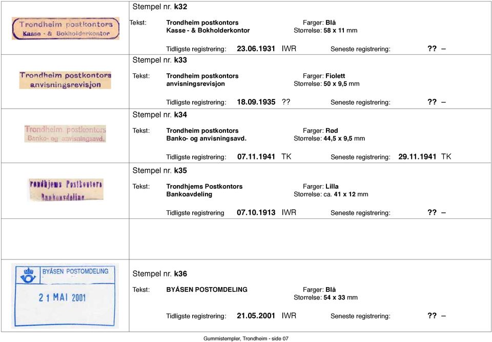 ? Tekst: Trondheim postkontors Farger: Rød Banko- og anvisningsavd. Størrelse: 44,5 x 9,5 mm Stempel nr. k35 Tidligste registrering: 07.11.