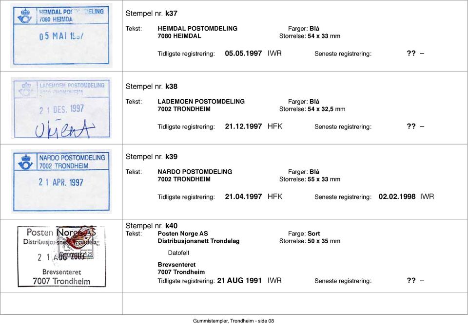 k39 Tekst: NARDO POSTOMDELING Farger: Blå 7002 TRONDHEIM Størrelse: 55 x 33 mm Tidligste registrering: 21.04.1997 HFK Seneste registrering: 02.02.1998 IWR Stempel nr.