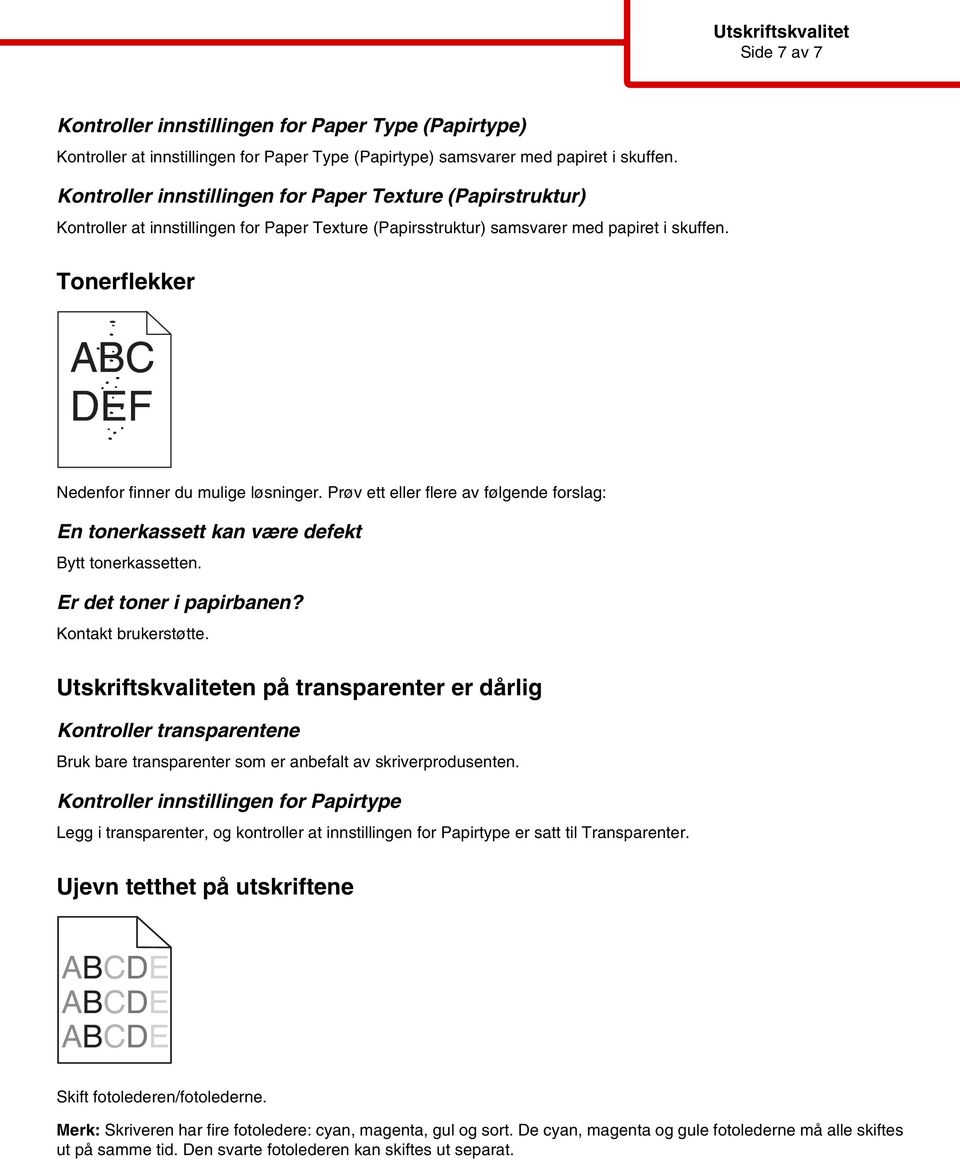 Tonerflekker Er det toner i papirbanen? Kontakt brukerstøtte.