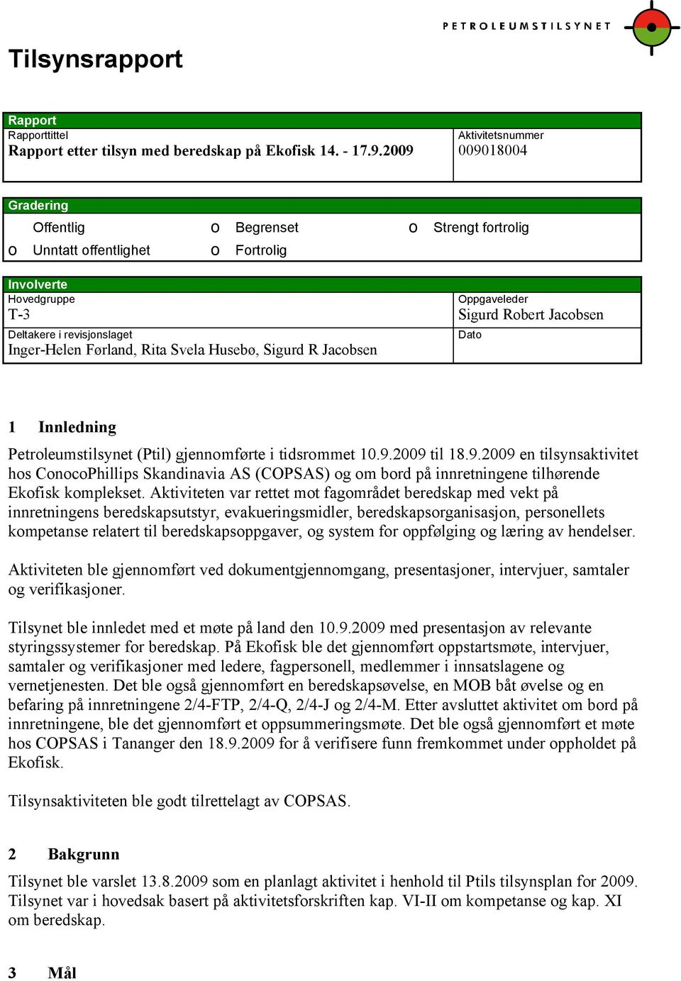 Inger-Helen Førland, Rita Svela Husebø, Sigurd R Jacobsen Dato 1 Innledning Petroleumstilsynet (Ptil) gjennomførte i tidsrommet 10.9.