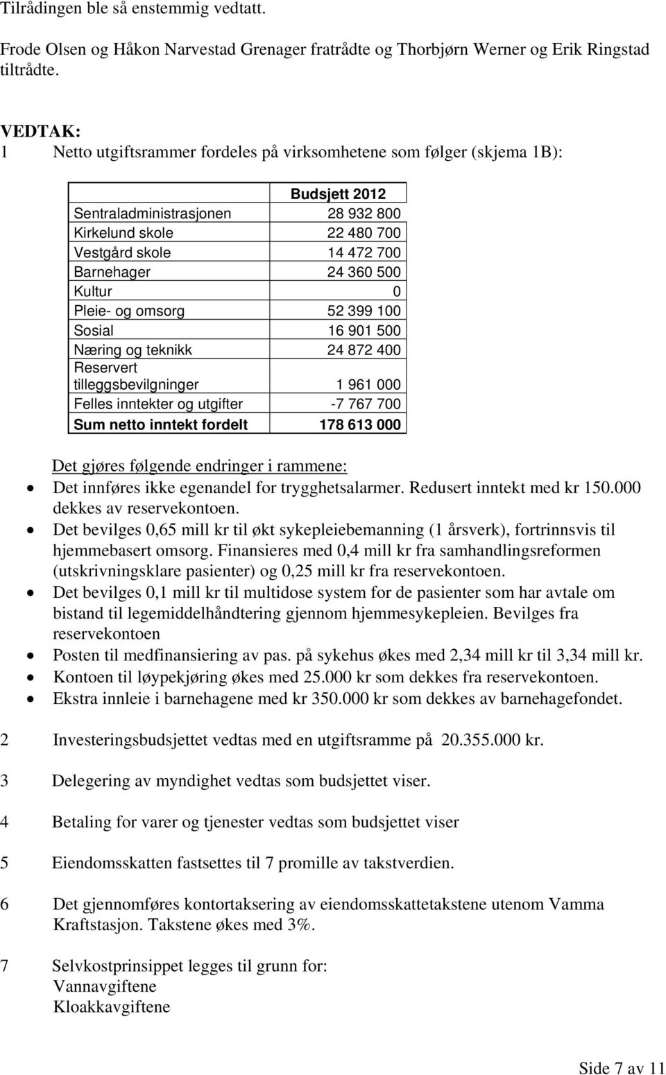 Kultur 0 Pleie- og omsorg 52 399 100 Sosial 16 901 500 Næring og teknikk 24 872 400 Reservert tilleggsbevilgninger 1 961 000 Felles inntekter og utgifter -7 767 700 Sum netto inntekt fordelt 178 613