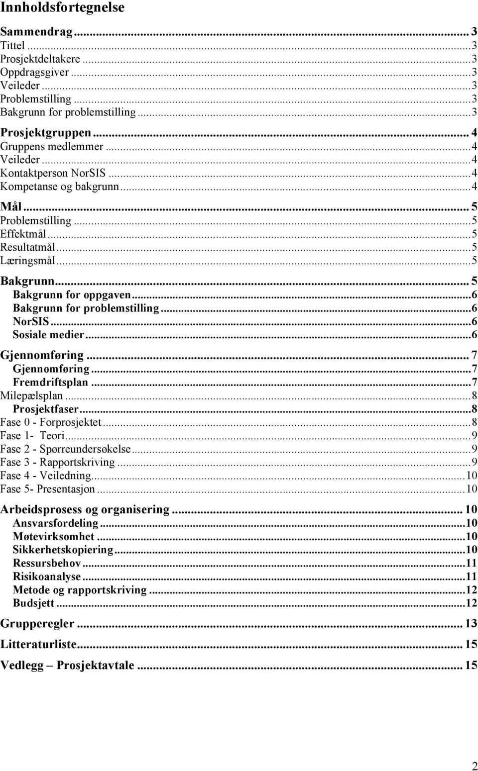 ..6 Bakgrunn for problemstilling...6 NorSIS...6 Sosiale medier...6 Gjennomføring... 7 Gjennomføring...7 Fremdriftsplan...7 Milepælsplan...8 Prosjektfaser...8 Fase 0 - Forprosjektet...8 Fase 1- Teori.