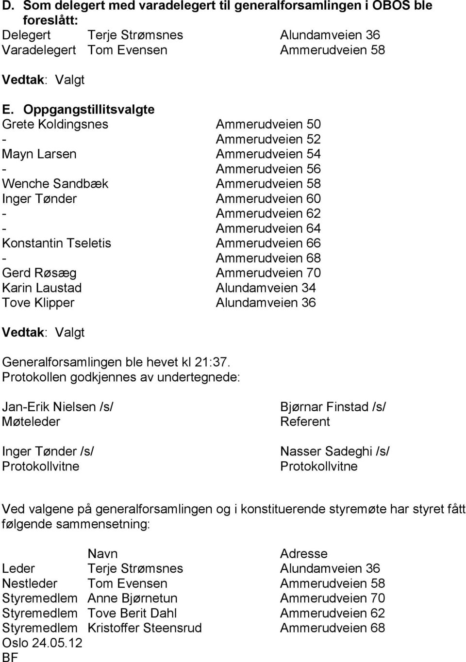 Ammerudveien 64 Konstantin Tseletis Ammerudveien 66 - Ammerudveien 68 Gerd Røsæg Ammerudveien 70 Karin Laustad Alundamveien 34 Tove Klipper Alundamveien 36 Valgt Generalforsamlingen ble hevet kl