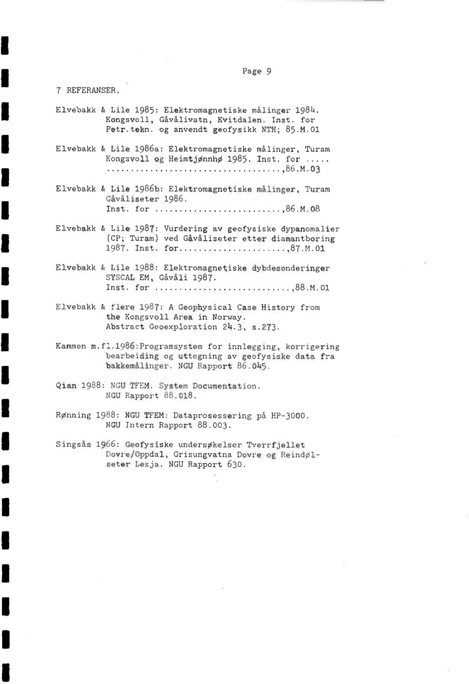 Inst. for 87.M.01 Elvebakk & Lile 1988: Elektromagnetiske dybdesonderinger SYSCAL EM, Gåvåli 1987. Inst. for,88.m.01 Elvehakk & flere 1987: A Geophysical Case History from the Kongsvoll Area in Norway.