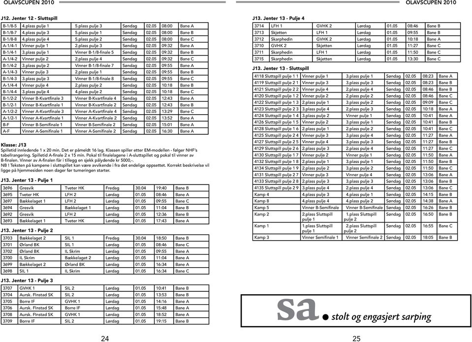 05 09:32 Bane B A-1/4-2 Vinner pulje 2 2.plass pulje 4 Søndag 02.05 09:32 Bane C B-1/4-2 3.plass pulje 2 Vinner B-1/8-finale 7 Søndag 02.05 09:55 Bane A A-1/4-3 Vinner pulje 3 2.