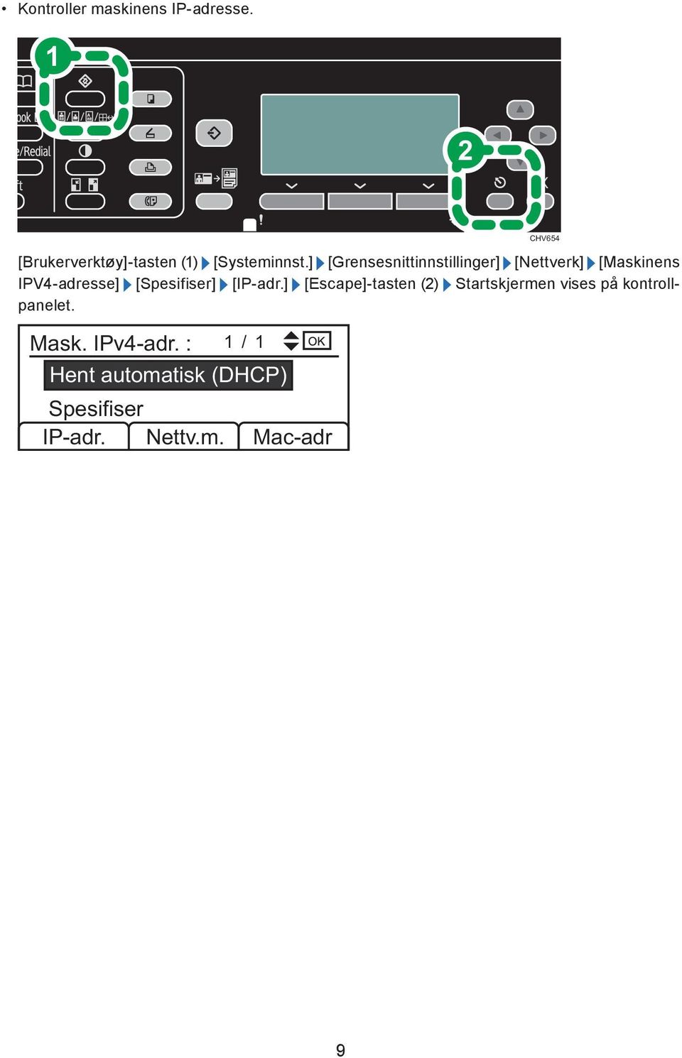 [IP-adr.] [Escape]-tasten (2) Startskjermen vises på kontrollpanelet. Mask.