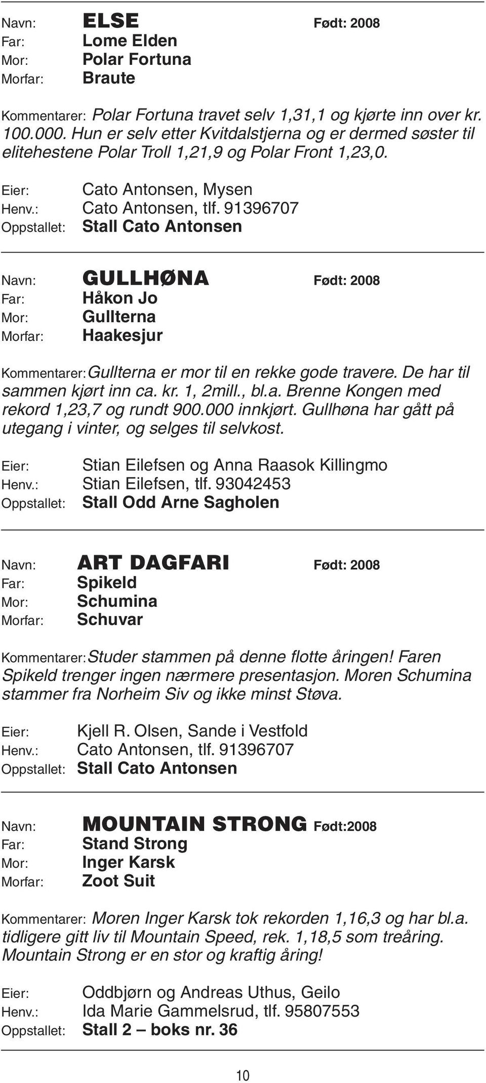 Eier: Cato Antonsen, Mysen Navn: Gullhøna Født: 2008 Far: Håkon Jo Mor: Gullterna Morfar: Haakesjur Kommentarer:Gullterna er mor til en rekke gode travere. De har til sammen kjørt inn ca. kr.