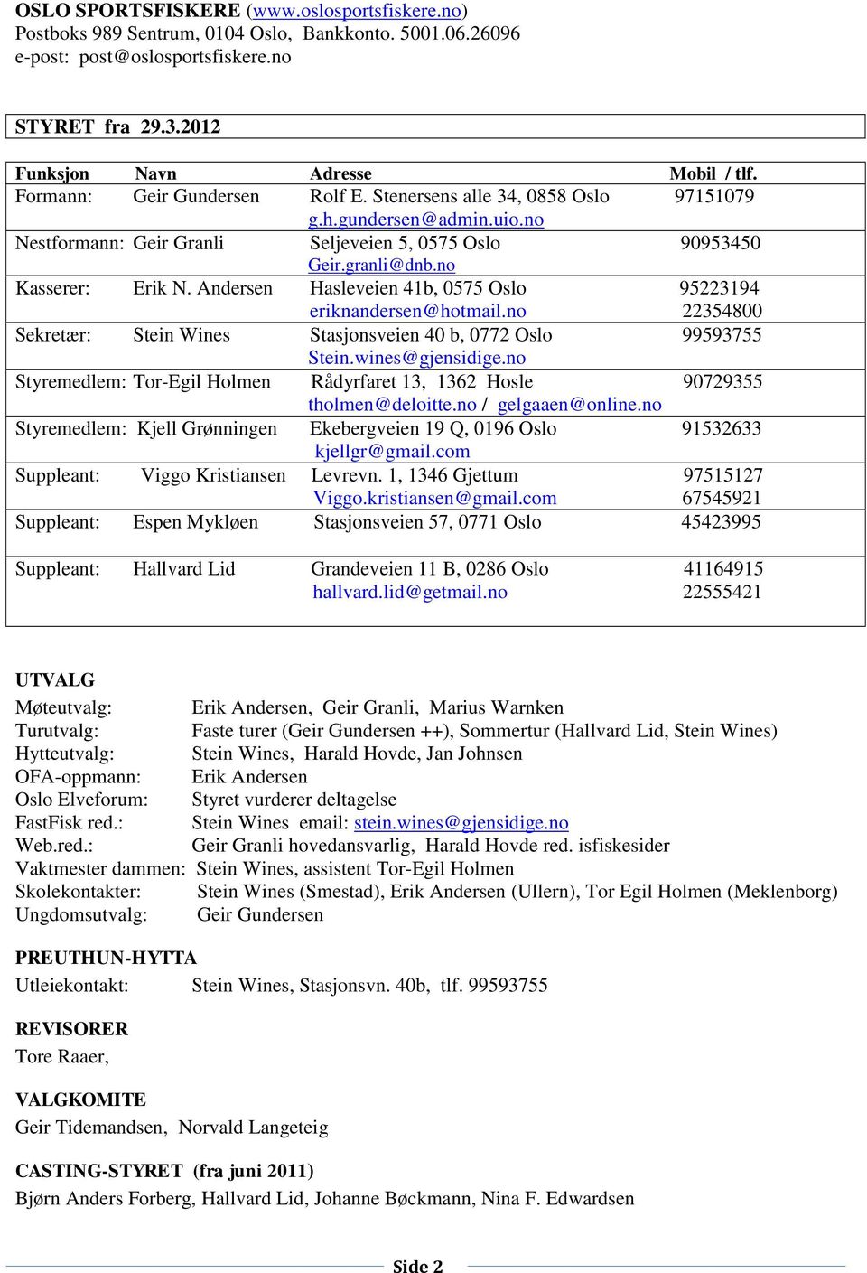 Andersen Hasleveien 41b, 0575 Oslo 95223194 eriknandersen@hotmail.no 22354800 Sekretær: Stein Wines Stasjonsveien 40 b, 0772 Oslo 99593755 Stein.wines@gjensidige.