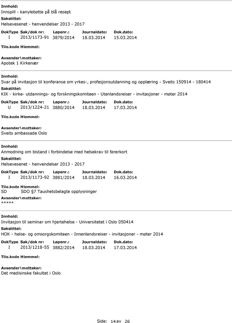 - invitasjoner - møter 2014 2013/1224-21 3880/2014 Sveits ambassade Oslo Anmodning om bistand i forbindelse med helsekrav til førerkort Helsevesenet - henvendelser 2013-2017 2013/1173-92