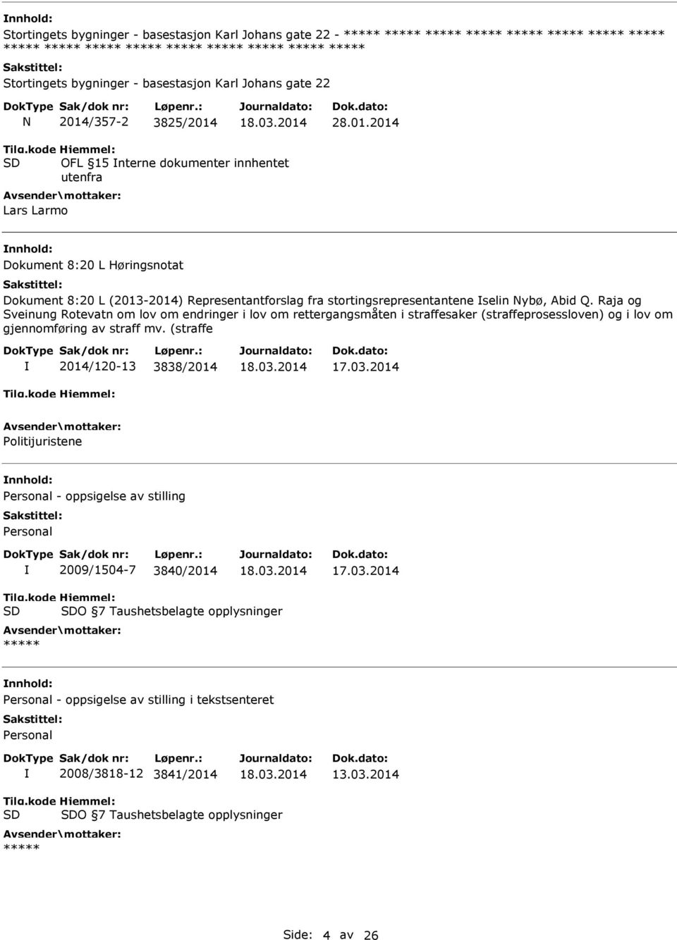 /357-2 3825/2014 28.01.2014 OFL 15 nterne dokumenter innhentet utenfra Lars Larmo Dokument 8:20 L Høringsnotat Dokument 8:20 L (2013-2014) Representantforslag fra stortingsrepresentantene selin Nybø, Abid Q.