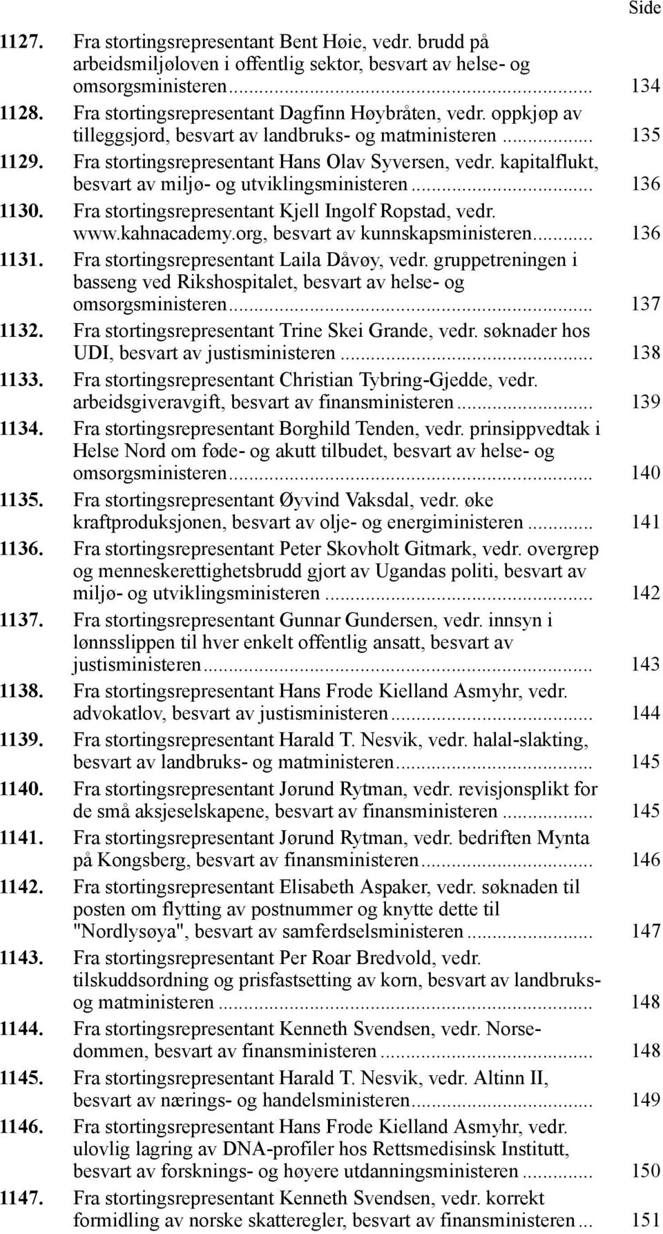 kapitalflukt, besvart av miljø- og utviklingsministeren... 136 1130. Fra stortingsrepresentant Kjell Ingolf Ropstad, vedr. www.kahnacademy.org, besvart av kunnskapsministeren... 136 1131.