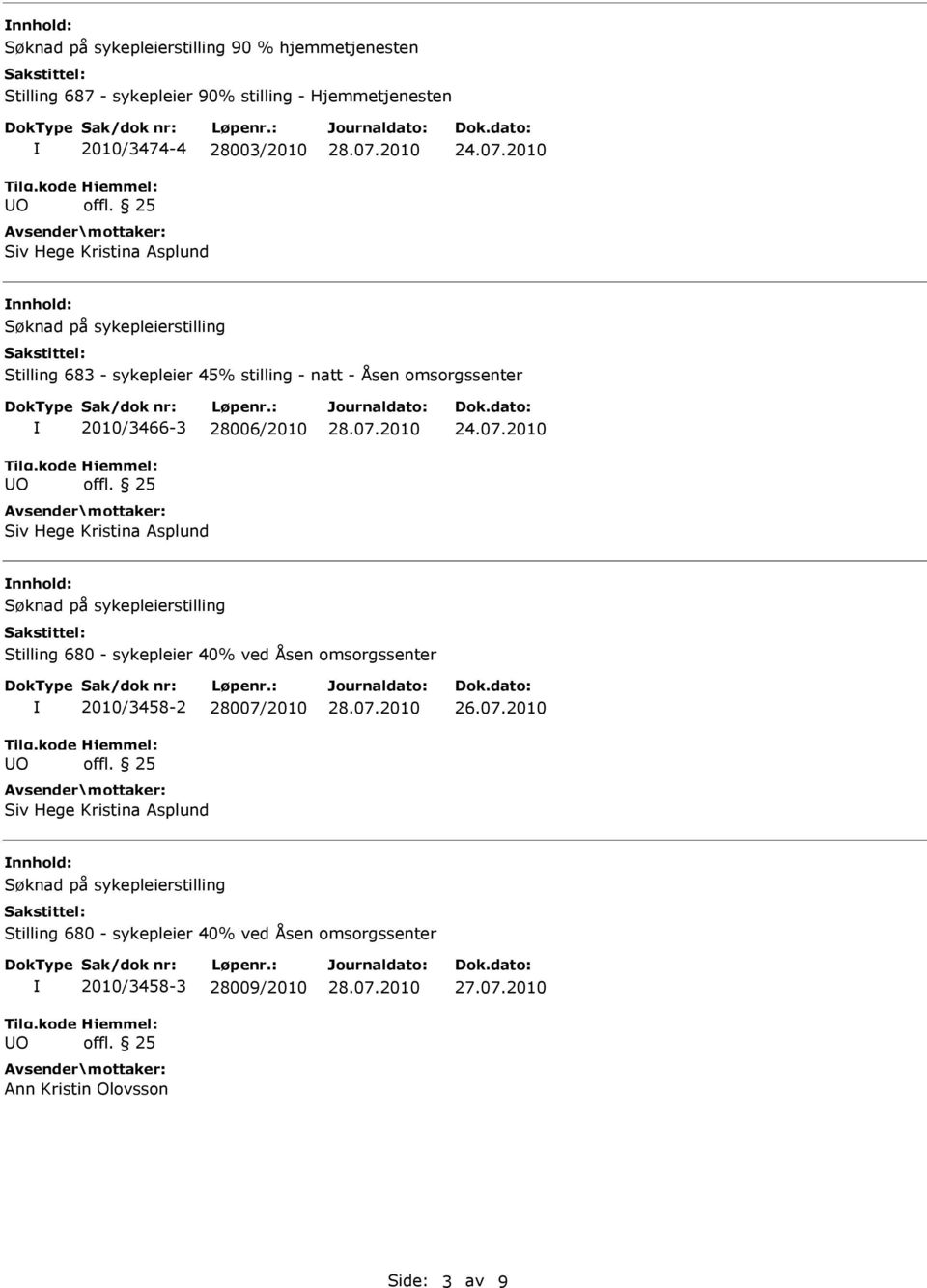 2010 nnhold: Stilling 683 - sykepleier 45% stilling - natt - Åsen omsorgssenter 2010/3466-3 28006/2010 Siv Hege Kristina 2010