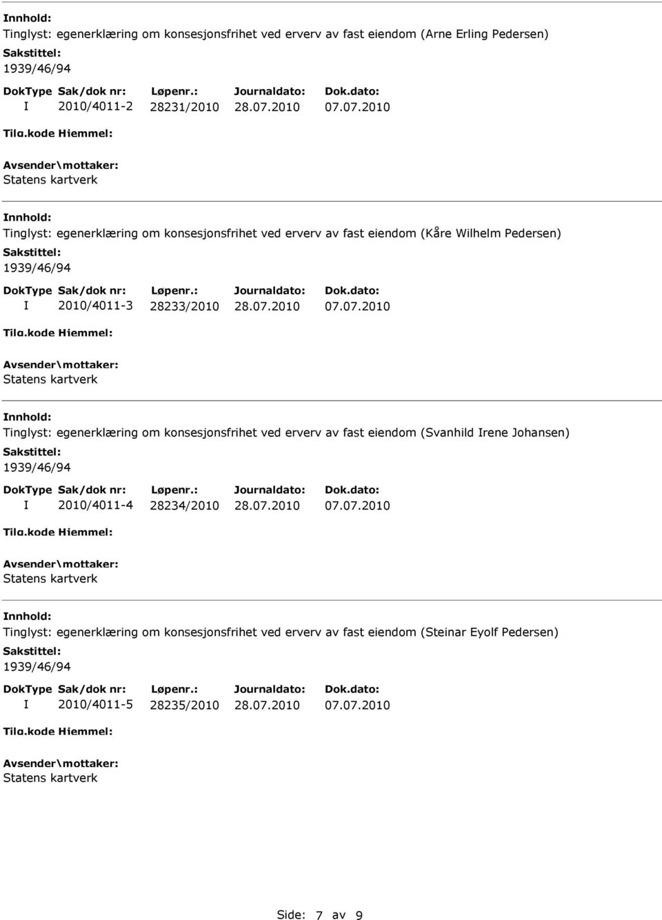 nnhold: Tinglyst: egenerklæring om konsesjonsfrihet ved erverv av fast eiendom (Svanhild rene Johansen) 2010/4011-4 28234/2010