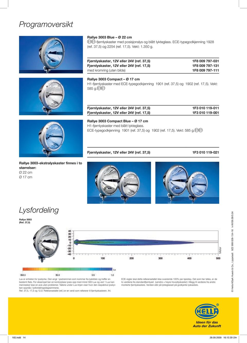 17,5) med kromring (uten bilde) 1F8 009 797-031 1F8 009 797-131 1F8 009 797-111 Rallye 3003 Compact Ø 17 cm H1-fjernlyskaster med ECE-typegodkjenning 1901 (ref. 37,5) og 1902 (ref. 17,5). Vekt: 585 g.